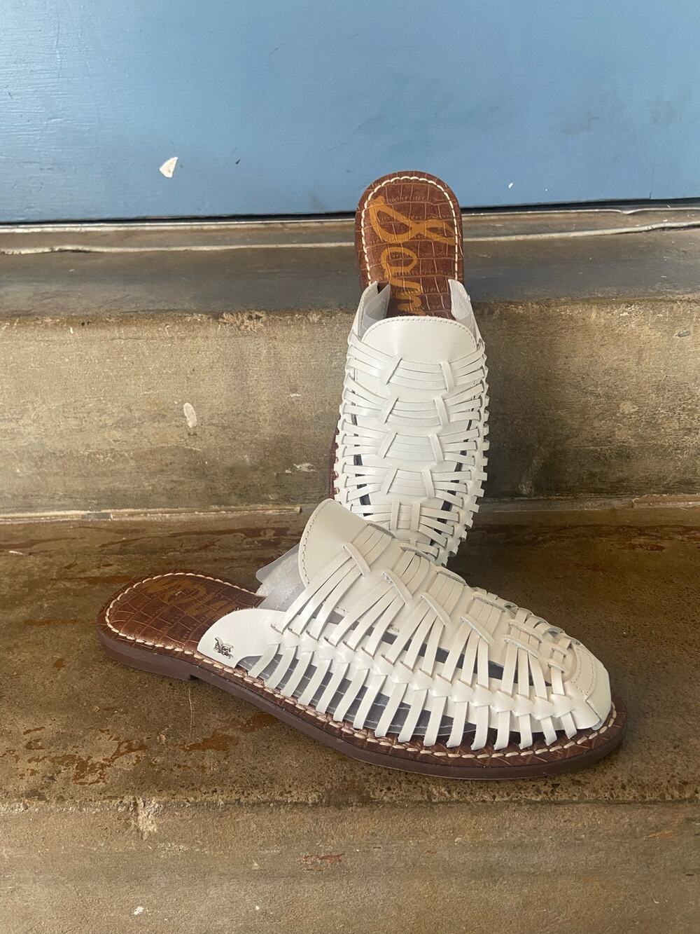 Sam Edelman Keelyn white woven leather huarache style slip on mules